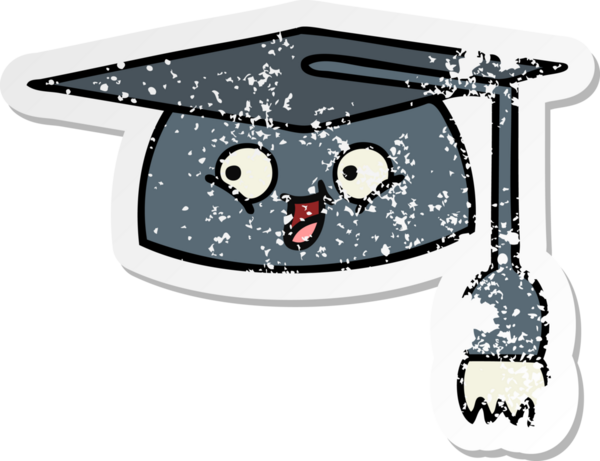 Bir insan tarafından çizilmiş şirin bir çizgi film mezuniyet şapkasının sıkıntılı çıkartması.