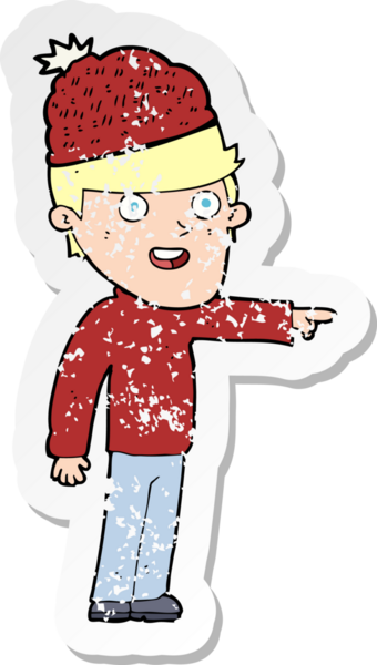 Bir insan tarafından çizilmiş kış şapkası giyen bir çizgi film karakterinin gerilimli retro çıkartması.