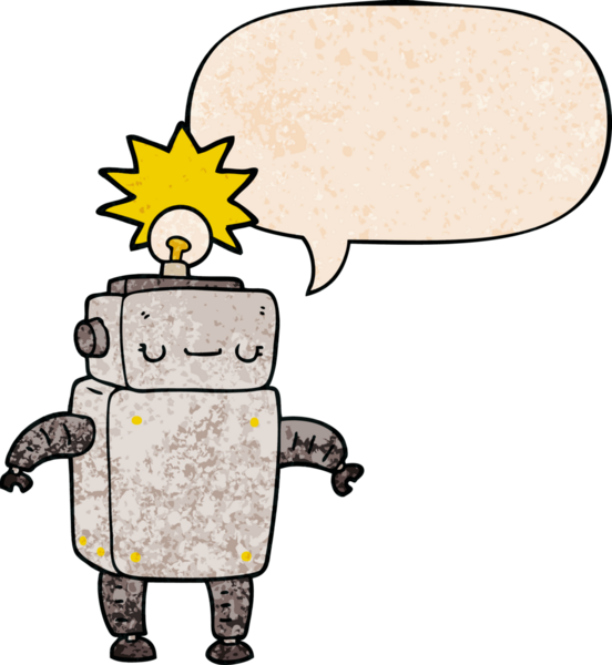 bir insan tarafından çizilmiş eski moda konuşma baloncuklu çizgi film robotu.