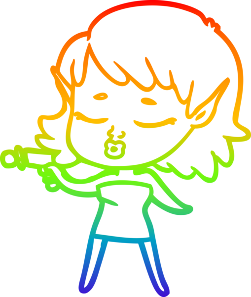 Gökkuşağı gradyan çizgisi bir insan tarafından çizilmiş ışın tabancalı güzel bir uzaylı kız çizimi.