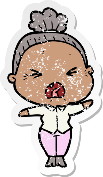 Bir insan tarafından çizilmiş kızgın yaşlı bir kadının sıkıntılı çıkartması.