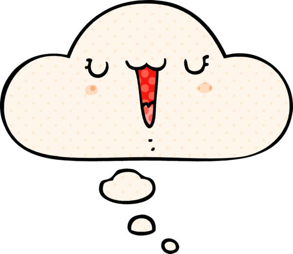 Bir insan tarafından çizilmiş çizgi roman tarzında düşünce baloncuğu olan sevimli mutlu çizgi film yüzü.