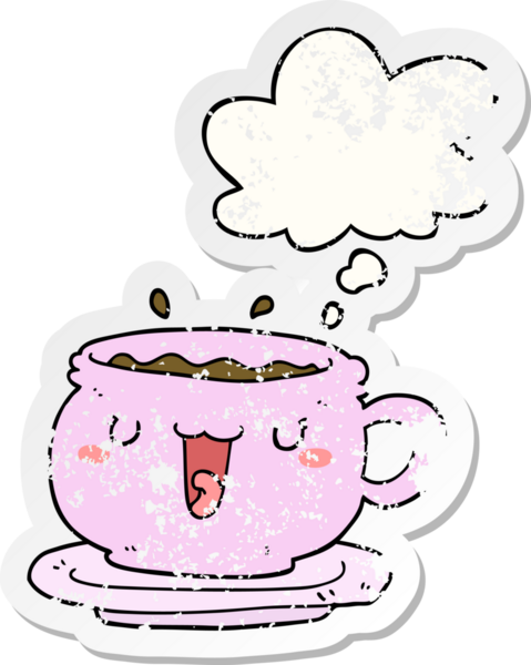 Bir insan tarafından çizilmiş yıpranmış bir çıkartma gibi düşünce kabarcığı olan sevimli bir çizgi film fincanı ve fincan tabağı.