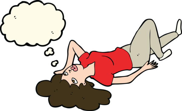Bir insan tarafından çizilmiş düşünce baloncuğuyla yerde yatan çizgi film kadını.