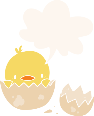 Bir insan tarafından çizilmiş, konuşma baloncuğuyla yumurtadan çıkan sevimli çizgi film pilici.