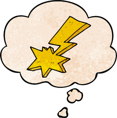 Bir insan tarafından çizilmiş grunge desenli düşünce baloncuklu çizgi film yıldırımı.