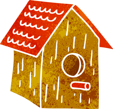 Bir insan tarafından çizilmiş ahşap bir kuş evinin retro karikatürü.