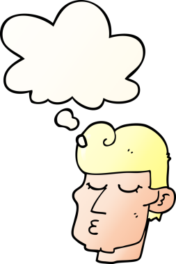 Düşünce baloncuğu olan yakışıklı bir çizgi film karakteri bir insan tarafından çizilmiş.