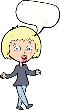 Bir insan tarafından çizilmiş konuşma baloncuğuyla omuz silken çizgi film kadını.