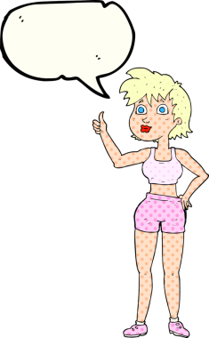 Bir insan tarafından çizilmiş, serbest çizilmiş çizgi roman balonu, mutlu spor salonu kadını.