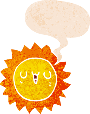 grunge 'da konuşma baloncuğu olan karikatür güneşi bir insan tarafından çizilmiş rahatsız edici retro stil.