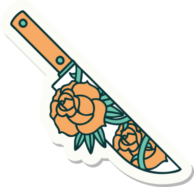 Geleneksel bir hançer stili dövme çıkartması ve bir insan tarafından çizilmiş çiçekler.