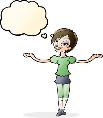 Bir insan tarafından çizilmiş düşünce baloncuğuyla açık kollu jest yapan çizgi film kadını.