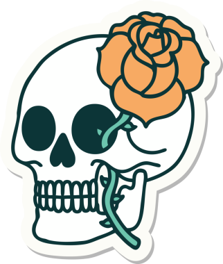 Geleneksel kafatası stili dövme çıkartması ve bir insan tarafından çizilmiş gül.