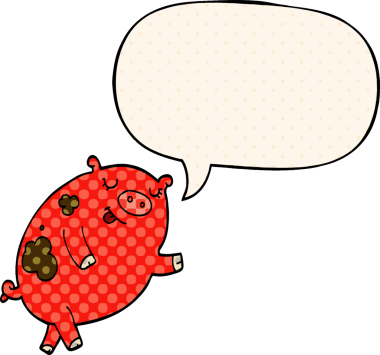 Bir insan tarafından çizilmiş çizgi roman tarzında konuşma balonlu dans eden domuz.