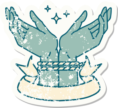 Bir insan tarafından çizilmiş bir çift elin bayrağı olan eski bir çıkartma.