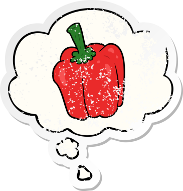 Düşünce baloncuklu karikatür biberi bir insan tarafından çizilmiş yıpranmış bir çıkartma.