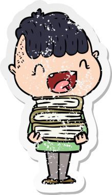 Bir insan tarafından çizilmiş yeni kitapları olan mutlu bir çocuğun sıkıntılı çıkartması.