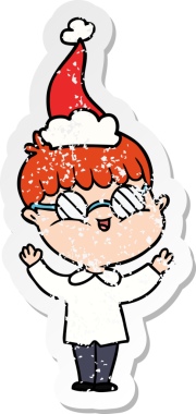 Bir insan tarafından çizilmiş Noel Baba şapkası takan gözlüklü bir çocuk.