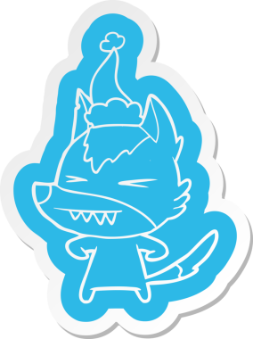 Kızgın kurt çizgi film çıkartması. Bir insan tarafından çizilmiş Noel Baba şapkası.