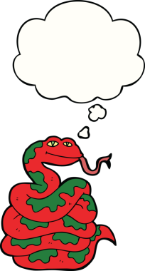 Bir insan tarafından çizilmiş düşünce baloncuklu çizgi film yılanı.