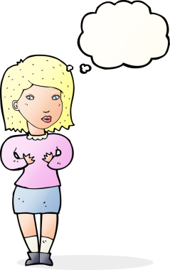 Bir insan tarafından çizilmiş düşünce baloncuğuyla bahaneler üreten çizgi film kadını.