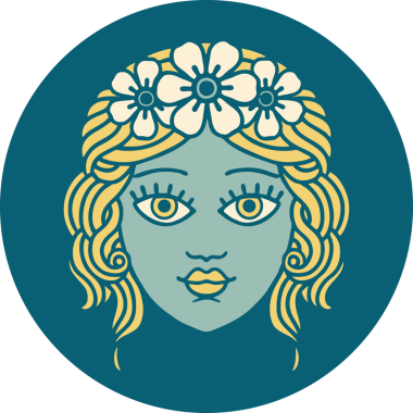 Bir insan tarafından çizilmiş çiçek desenli ikonik bir kadın yüzü.