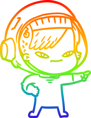 Gökkuşağı gradyan çizgi çizimi bir insan tarafından çizilmiş astronot bir kadın.