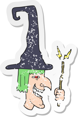 Bir insan tarafından çizilmiş gülen cadının gerici, sıkıntılı çıkartması.