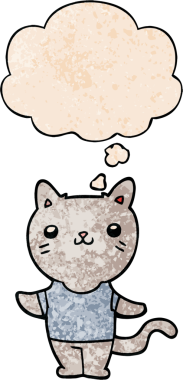 Bir insan tarafından çizilmiş grunge desenli düşünce baloncuklu çizgi film kedisi.