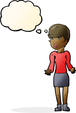 Bir insan tarafından çizilmiş düşünce baloncuğu olan kafası karışık bir kadın çizgi filmi.