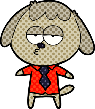 Bir insan tarafından çizilmiş ofis kıyafetleri içinde sıkılmış bir köpek.