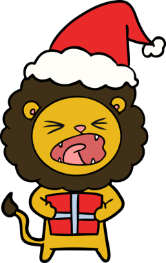 Bir insan tarafından çizilmiş Noel Baba şapkası takan bir aslanın el çizimi.