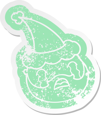 Garip bir çizgi film, sakallı, Noel Baba şapkası takan bir erkek yüzü, bir insan tarafından çizilmiş.