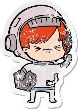 Bir insan tarafından çizilmiş karikatür astronot kadının sıkıntılı çıkartması.