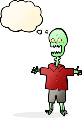 Bir insan tarafından çizilmiş düşünce baloncuklu karikatür iskeleti