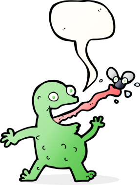 Bir insan tarafından çizilmiş konuşma baloncuğuyla sinek yakalayan kurbağa.