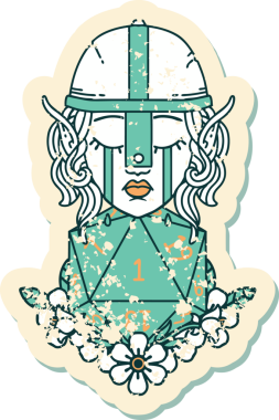 Retro Tattoo Tarzı Üzgün Elf Savaşçısı Karakteri Bir insan tarafından çizilmiş d20 ruloyla