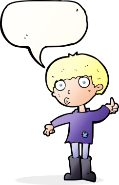 Çizgi filmci çocuk bir insan tarafından çizilmiş konuşma balonuyla soru soruyor.