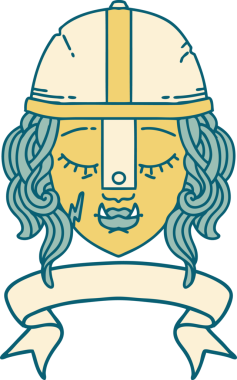 Retro Dövme Biçimli Ork savaşçı yüzü bir insan tarafından çizilmiş pankartıyla