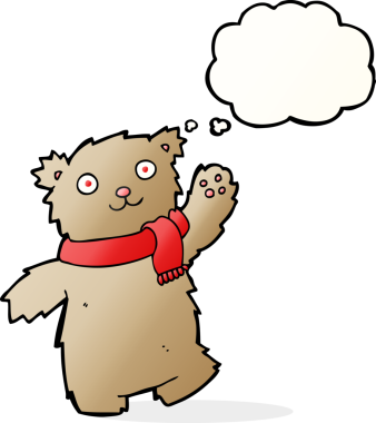 Bir insan tarafından çizilmiş düşünce baloncuklu atkı takan çizgi film ayısı.