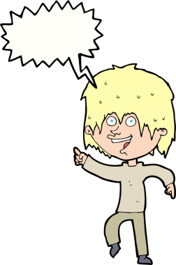 Bir insan tarafından çizilmiş konuşma balonu olan mutlu bir çocuk.