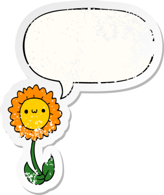 Konuşma baloncuğu olan karikatür çiçeği bir insan tarafından çizilmiş sıkıntılı eski bir çıkartma