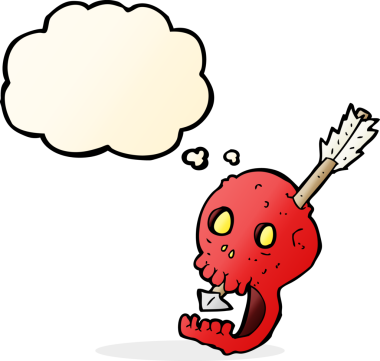 Bir insan tarafından çizilmiş düşünce baloncuklu komik kafatası ve ok.