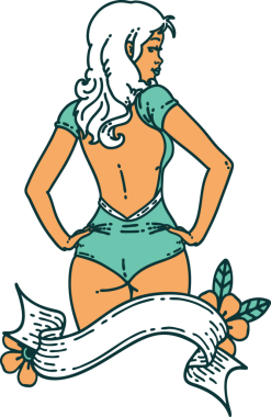 Geleneksel bikinili kız dövmesi. Bir insan tarafından çizilmiş afişi var.