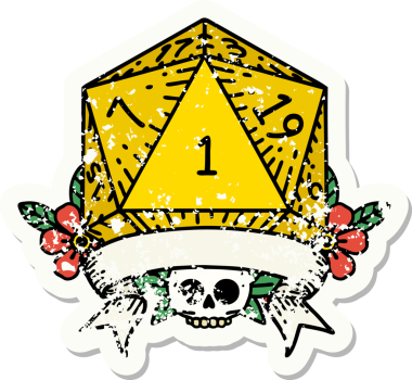 Bir insan tarafından çizilmiş doğal bir d20 zarının grunge çıkartması.