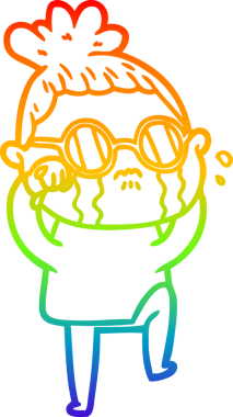 Gökkuşağı gradyan çizgi çizimi. Bir insan tarafından çizilmiş gözlük takan ağlayan bir kadın.