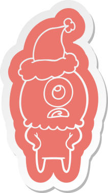 Bir insan tarafından çizilmiş Noel Baba şapkası giyen bir Tepegöz 'ün garip çizgi film çıkartması.