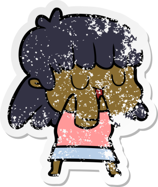 Bir insan tarafından çizilmiş gülen karikatürlü bir kadının sıkıntılı çıkartması.