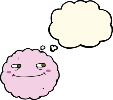 Bir insan tarafından çizilmiş düşünce baloncuklu mutlu bir bulut.